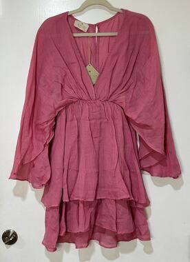 August Tiered Ruffled Dress Rosy Pink Ramie Size M/L NWT Vacation Made In Greece